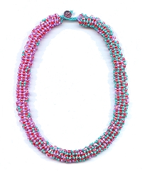 tubular bead netting necklace - red-lined Japanese triangle beads, gilt-lined 6/0 seed beads lavendar and sea-green