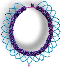 tubular netting beadwork necklace with overlapping loop fringe featuring firepolished faceted beads.