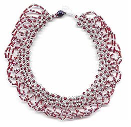 tubular netting beadwork necklace - matte ruby and silver lined matte clear beads