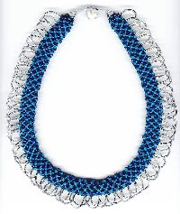 tubular netting beadwork necklace - montana blue and turquoise beads - silverlined gray bugle bead overlapping loop fringe