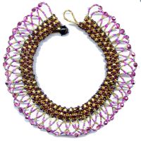 tubular netting beadwork necklace with overlapping loop fringe in gold and iridescent purple