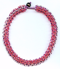 tubular netting beadwork necklace - red, iridescent royal and matte clear siler-lined beads