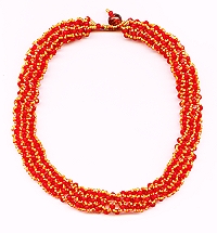 tubular netting beadwork necklace - red, yellow and orange seed beads