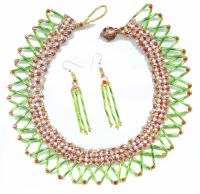 tubular netting beadwork necklace and earrings - lime green rose lined amber and matte clear beads
