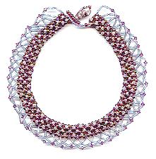 tubular netting beadwork necklace with overlapping loop fringe with lavender swarovski crystal bicones.