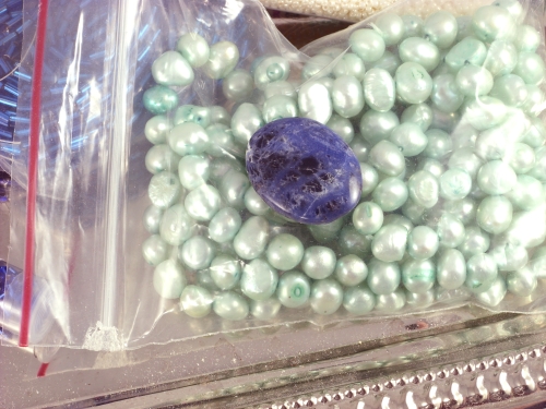 Sodalite Cab and Dyed Freshwater Pearls