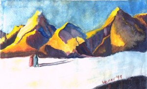 Journey Into Dusk watercolor landscape with mountains and travelers