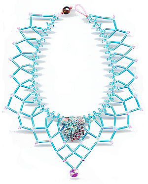 rhinestone brooch with new stones becomes focal point of netted necklace  2007, Patricia C Vener