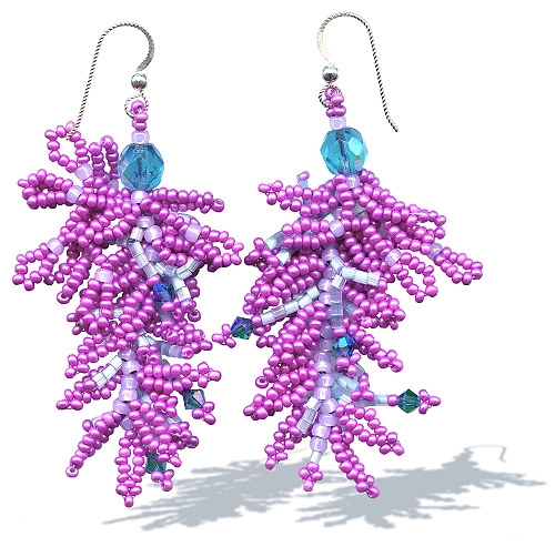 Grapes, bead woven, purple, branched fringe earrings