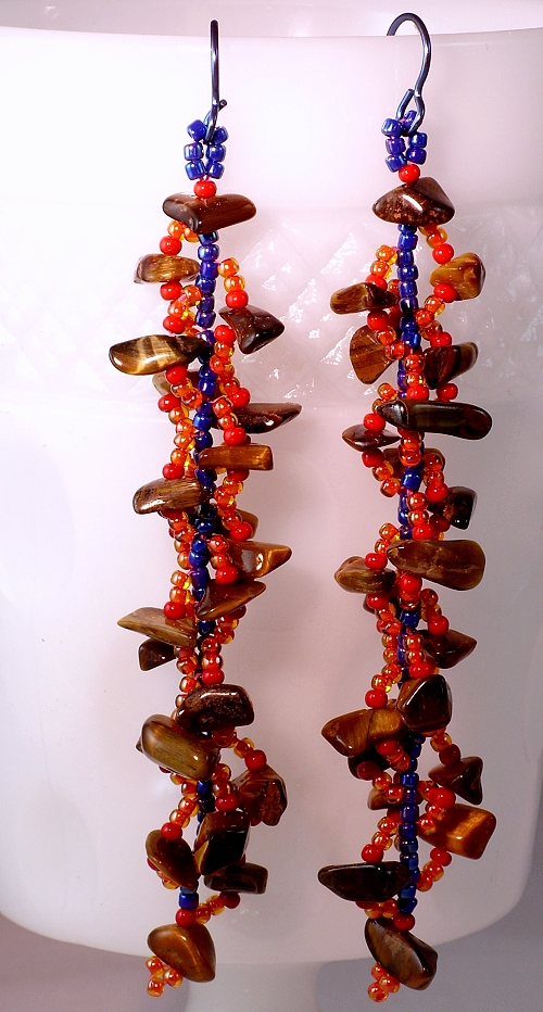 Fiesta series earrings spiral bead weaving tiger's eye chips