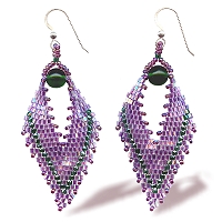 vintage and antique beads were used to create this pair of long bead woven earrings 2007, Patricia C Vener