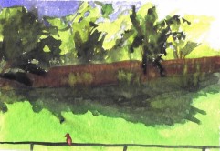 watercolor landscape 3.75 inches high, 5.75 inches wide framed and matted 10 in high 12 in wide 1998, Patricia C Vener
