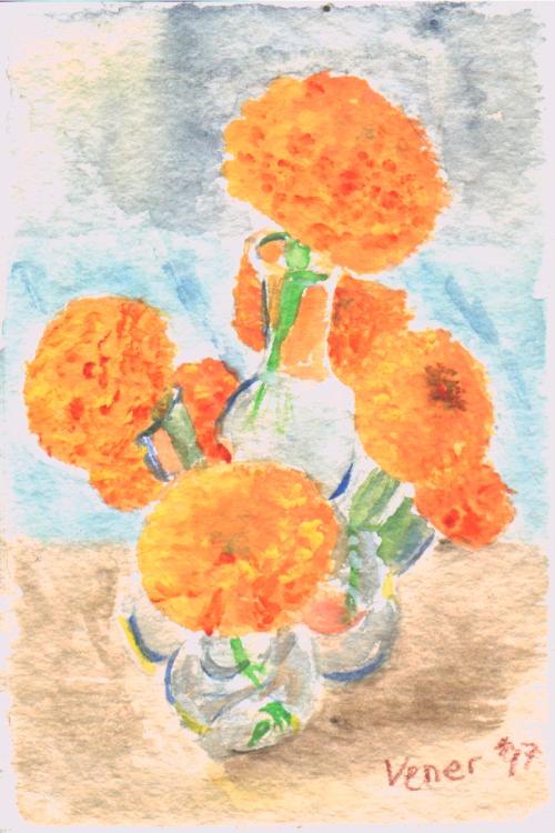 Framed Watercolor Still Life, Marigolds 2003, Patricia C Vener