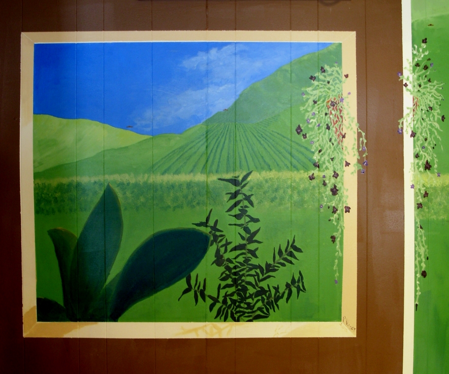 window overlooking garden and coffee fields part of my mural at Bread and Chocolate in Hamden, CT.  2011, Patricia C Vener