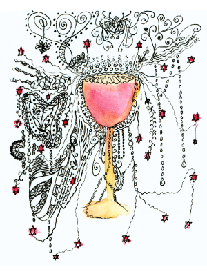 L'Chaim, fireworks in a wine goblet, pen and ink abstraction, 2019, Patricia C Vener