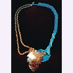 hand made bead woven necklace with carved shell and freshwater pearls  2009, Patricia C Vener
