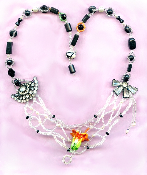 bead woven necklace statement in black white green and orange  Patricia C Vener
