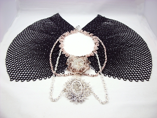 Bead woven collar in black and neutrals with large cabochans  Patricia C Vener