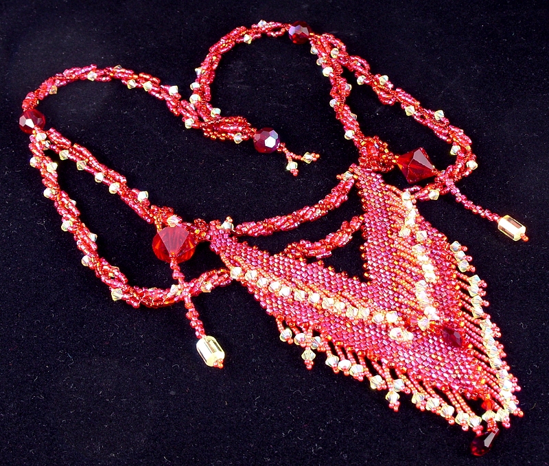 bead woven necklace red, yellow art necklace  Patricia C Vener