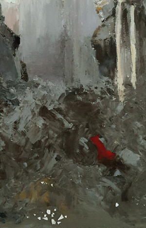 Shards of Shattered Dreams, closeup of red scarf,  2019, Patricia C Vener