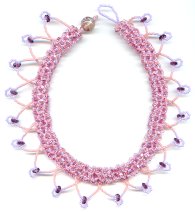 tubular netting beadwork necklace - pink and lavendar - amethyst faceted glass netting loop fringe